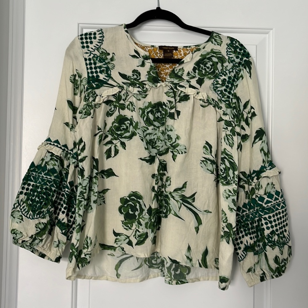 Anthropologie Cream Blouse with Green Floral Ruffle Sleeves